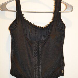 Coquette black boned corset lace-lined cleavage hook/eye long line corset top L